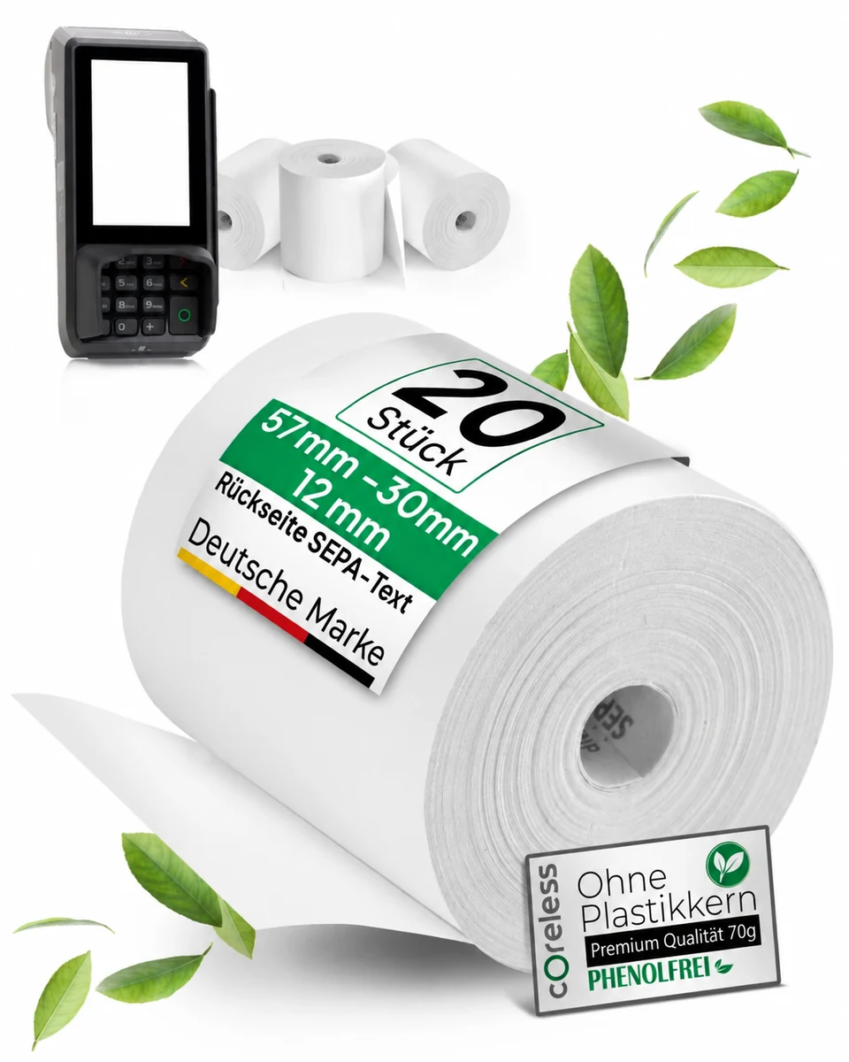 Kernlose EC-Belegrolle mit SEPA-Rückseitentext, Beispiel in 57 mm Breite