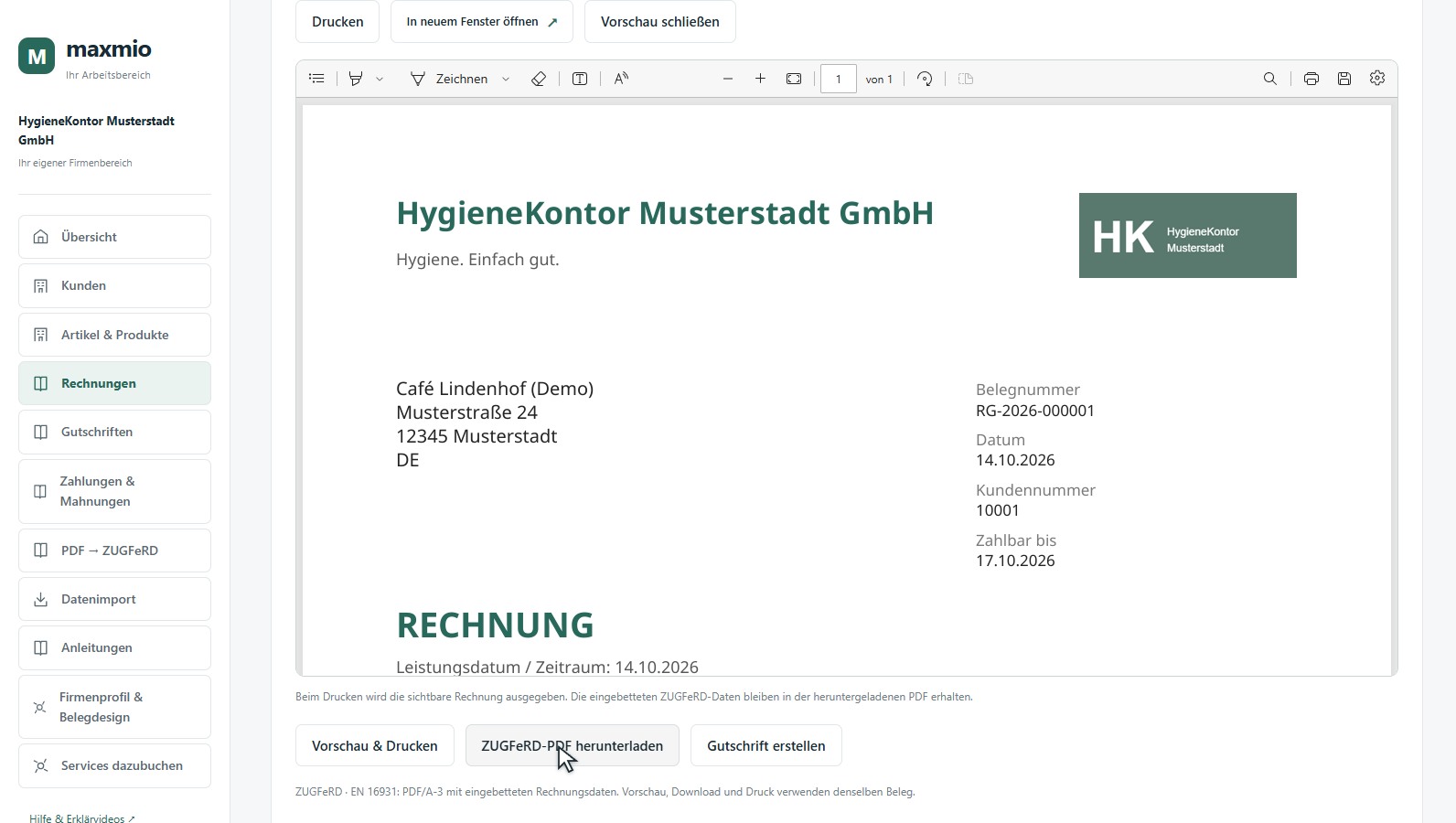 Rechnungsvorschau in der originalen Maxmio-Oberfläche mit fiktiven Beispieldaten