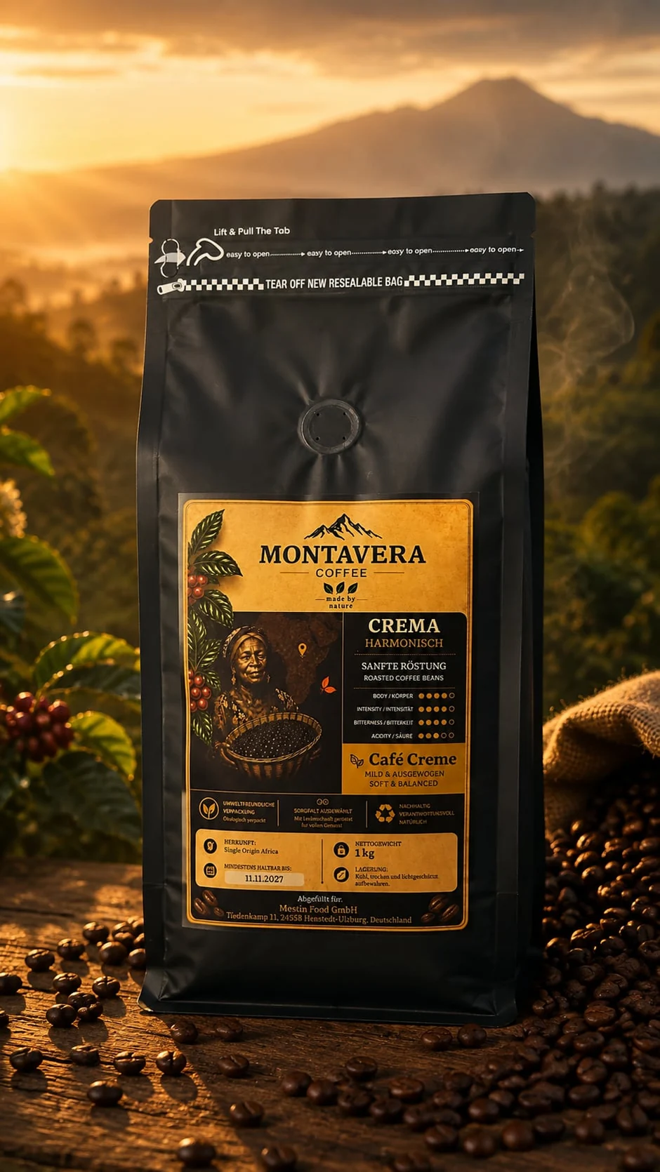 Montavera Crema: schwarze Kaffeepackung mit goldfarbenem Etikett