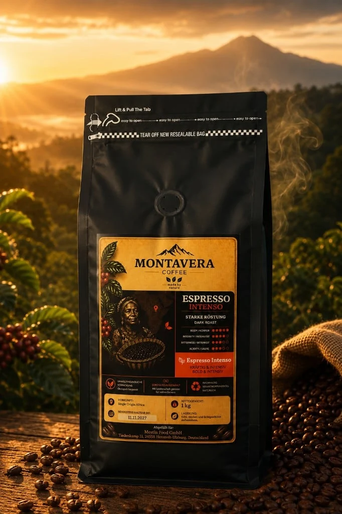 Montavera Espresso Intenso: schwarze Kaffeepackung mit goldfarbenem Etikett